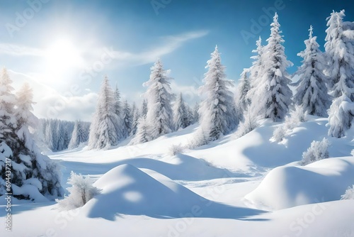 Gorgeous scenery with snowdrifts and fir trees covered with snow © Muhammad