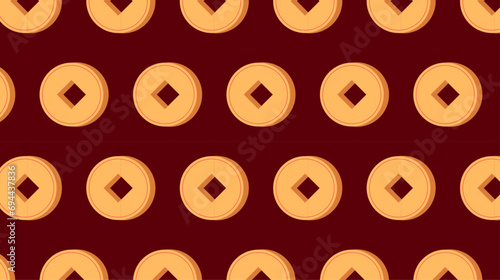 Cartoon ancient old gold traditional Chinese coin with a square hole seamless pattern. Decoration elements for Chinese New Year on dark background.