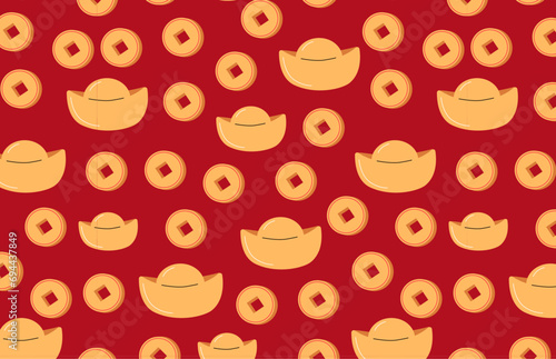Yuanbao Money and coins with a square hole seamless pattern on red background. Decoration elements for Chinese New Year. Symbol of wealth and prosperity.