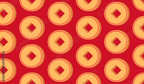 Ancient old gold traditional Chinese coin with a square hole seamless pattern. Yuan Coins in the red money bag. Decoration elements for Chinese New Year. Symbol of wealth and prosperity.
