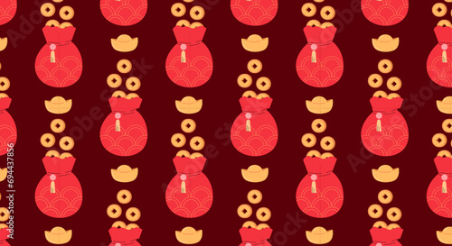 Ancient old gold traditional Chinese coin with a square hole and Yuanbao. Yuan Coins in the red money bag. Decoration elements for Chinese New Year. Symbol of wealth and prosperity.
