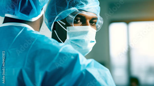 Close-up of a Surgeon Wearing a Mask in Front of the Operating Room, Close-up. The Surgeon is Preparing for the Operation. 
