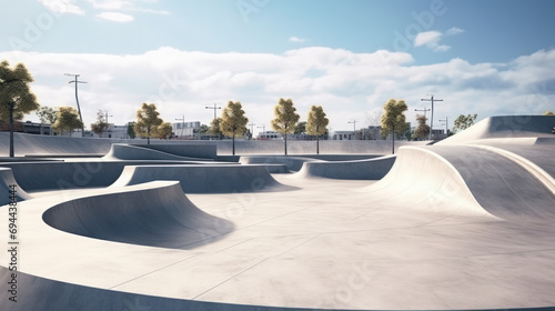 outdoor skatepark with blue sky and grey concrete. photo