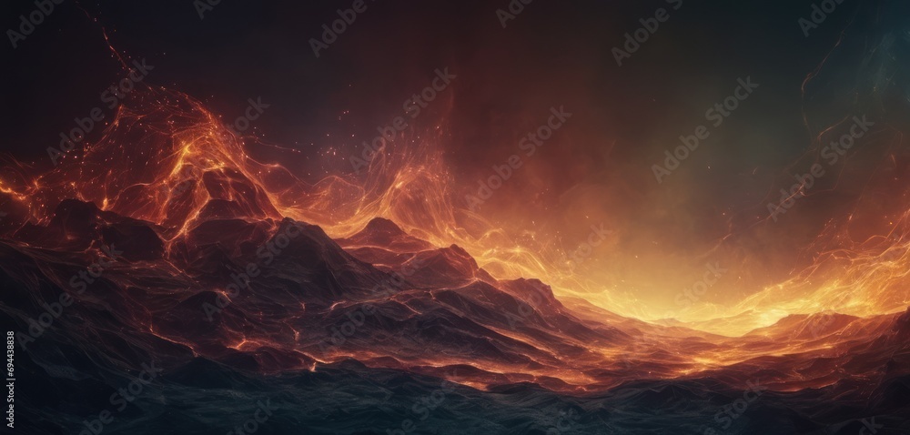  a computer generated image of a mountain range with a bright orange and yellow light coming from the top of the mountain.