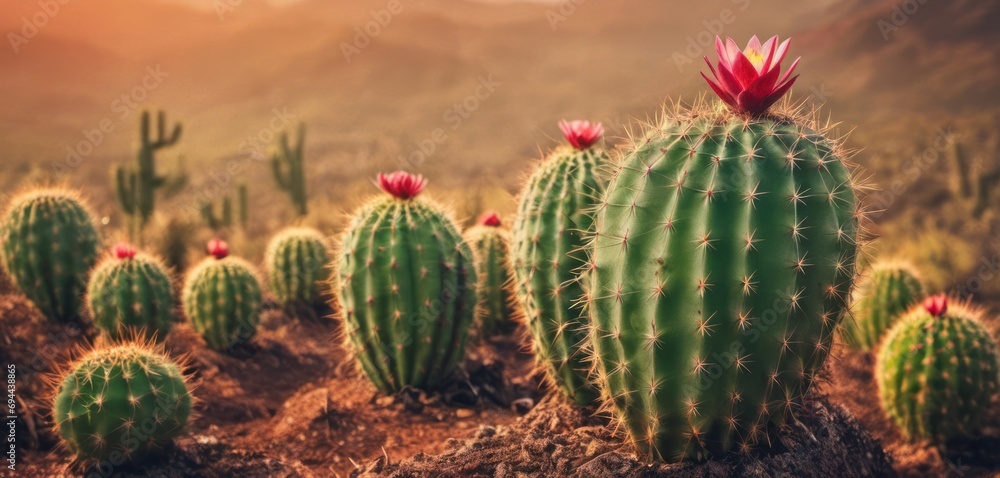 a cactus with a red flower in a field of cacti with mountains in the backgrounnd. a cactus with a red flower in a field of cacti with mountains in the backgrounnd.