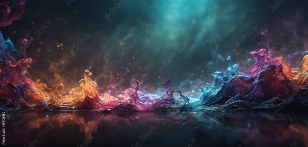  a group of colorful smokes floating on top of a body of water with a blue sky in the background.