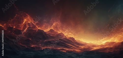  a computer generated image of a mountain range with a bright orange and yellow light coming from the top of the mountain.