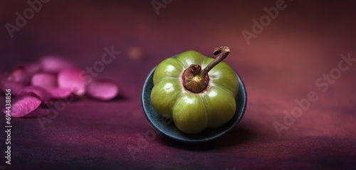  a green pepper sitting in a bowl next to a pile of cut up pink flowers on a purple table cloth.