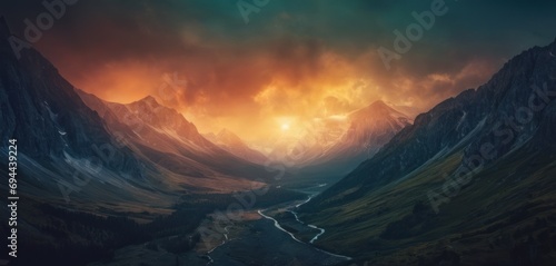  a painting of a mountain range with a river in the foreground and a sky filled with clouds in the background.