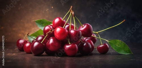  a pile of cherries sitting on top of a table next to a leafy green leafy plant on top of a black surface.