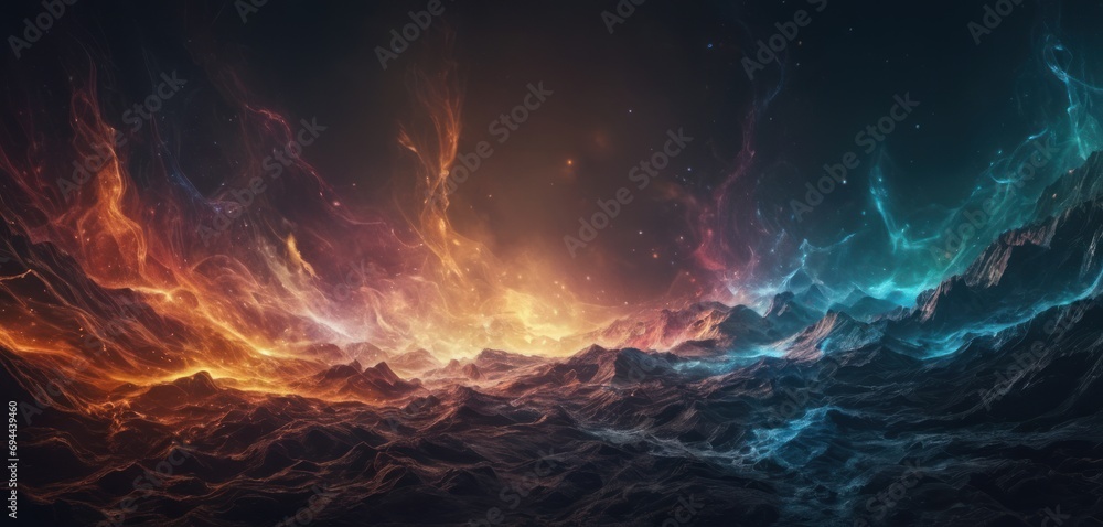  a computer generated image of a wave of fire and ice in a dark sky with stars in the center of the image.