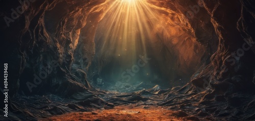  a light shines through a cave in the middle of a dirt and rock area with a bright light coming from the top of the cave.