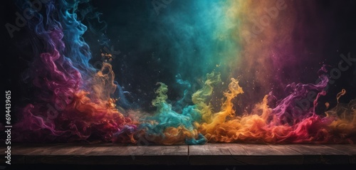  a group of colorful smokes on a wooden floor in front of a black background with a wooden floor in the foreground.