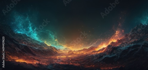  a computer generated image of a mountain range with fire and ice in the foreground and blue and orange clouds in the background.