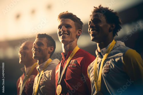 Portrait of smiling sports athletes with medals on pedestal ai generated art