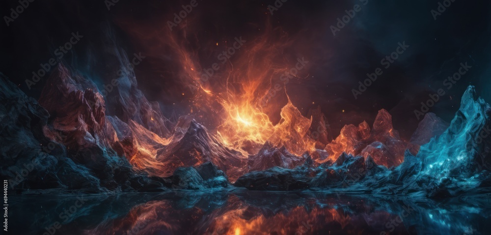  a digital painting of a mountain range with fire and ice in the foreground and water in the foreground.