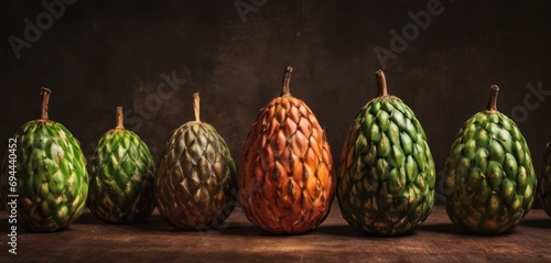  a row of green and orange gourds sitting on top of a wooden table in front of a dark background.