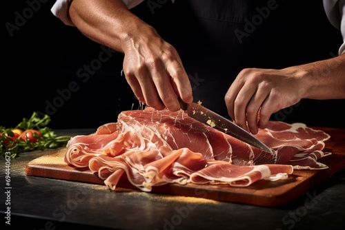 Slicing prosciutto crudo on a dim table using a knife. Generative AI photo