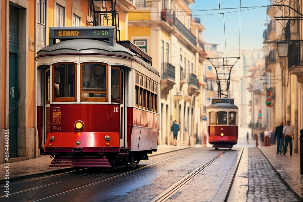 A tram passing through the streets of Lisbon. Generative AI