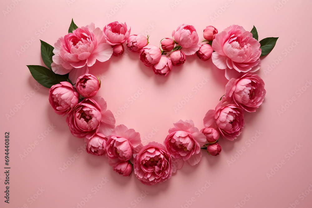 Beautiful heart made of peonies. Heart shaped frame with empty space for text. Magic composition for Valentine's Day and more. Generative AI.