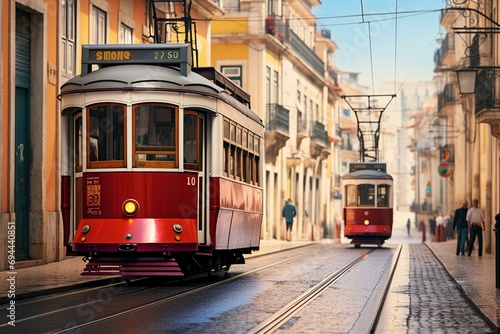 A tram passing through the streets of Lisbon. Generative AI