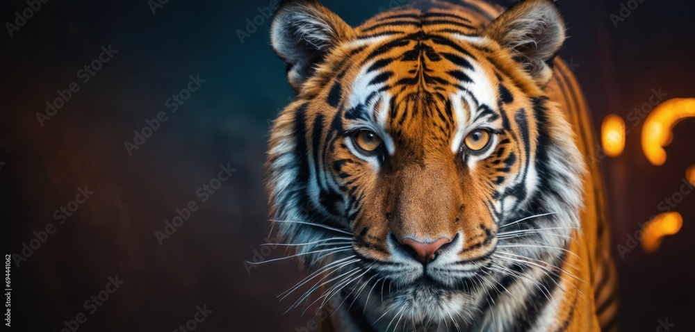  a close up of a tiger's face in front of a black background with a yellow light behind it.