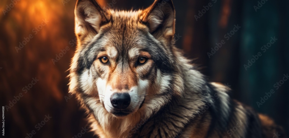  a close up of a wolf's face with a blurry background of trees and bushes in the background.