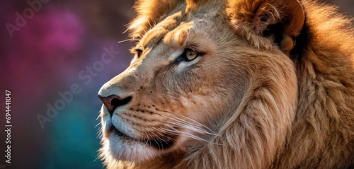  a close - up of a lion's face with a blurry background of blue, pink, and purple. © Jevjenijs