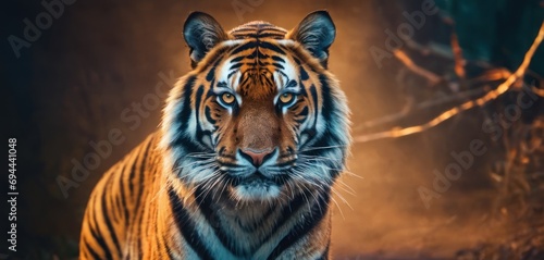  a close up of a tiger looking at the camera with a blurry background of trees and branches in the background.