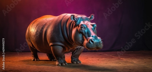  a close up of a hippopotamus on a stage with a purple curtain behind it and a purple curtain behind it.