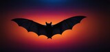  the silhouette of a bat against a red, purple, and blue background with a bright spot in the middle of the image.