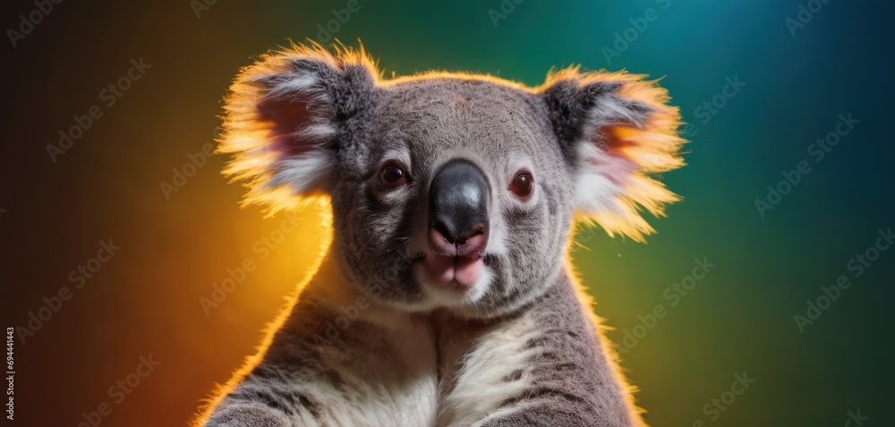 a close up of a koala bear with its tongue out and eyes wide open, with a blurry background. a close up of a koala bear with its tongue out and eyes wide open, with a blurry background.