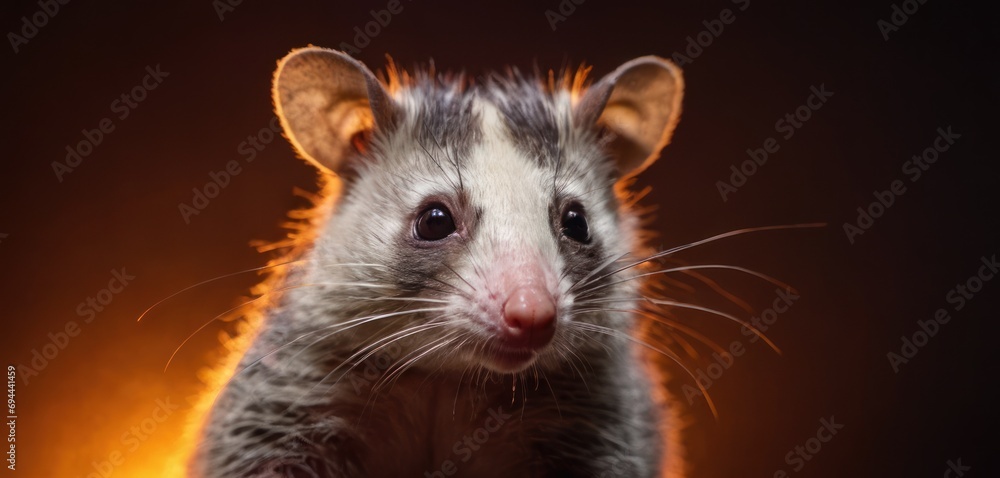 a close up of a small rat on a dark background with a light shining on it's back side. a close up of a small rat on a dark background with a light shining on it's back side.
