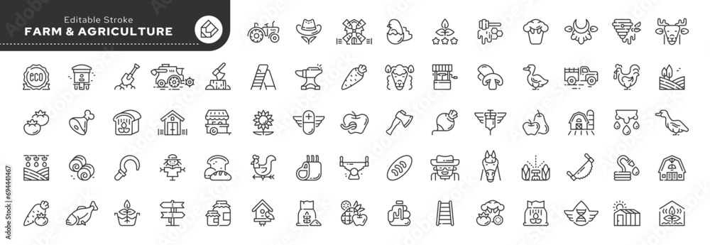 Set of line icons in linear style. Set - Farming, farm and agriculture. Animal husbandry and livestock breeding. Outline icon collection. Conceptual pictogram and infographic. Editable stroke. Set of line icons in linear style. Set - Farming, farm and agriculture. Animal husbandry and livestock breeding. Outline icon collection. Conceptual pictogram and infographic. Editable stroke.