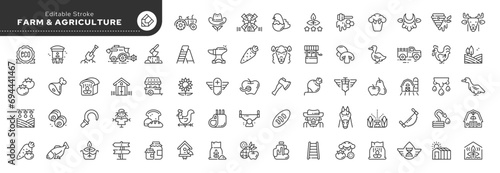 Set of line icons in linear style. Set - Farming, farm and agriculture. Animal husbandry and livestock breeding. Outline icon collection. Conceptual pictogram and infographic. Editable stroke.