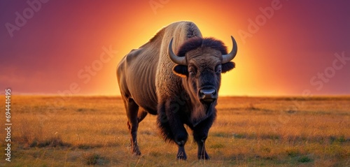  a bison standing in a field with the sun setting in the background and a cloudless sky in the foreground.