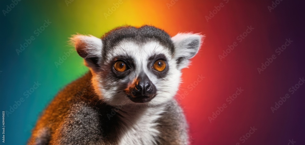  a close up of a small animal with an orange eye and a blurry background with a multicolored background.