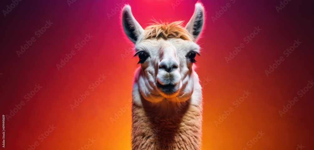  a close up of a llama's face with a light on it's head in the background.