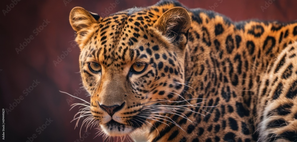 a close - up of a leopard's face with a red wall in the back ground behind it and a blurry background behind it. a close - up of a leopard's face with a red wall in the back ground behind it and a blurry background behind it.