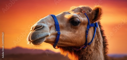  a close up of a camel's head with a sunset in the back ground behind it and a mountain range in the background. photo