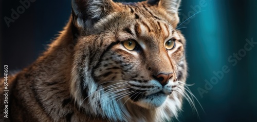  a close up of a cat's face with a blue curtain in the background and a blurry curtain in the foreground.