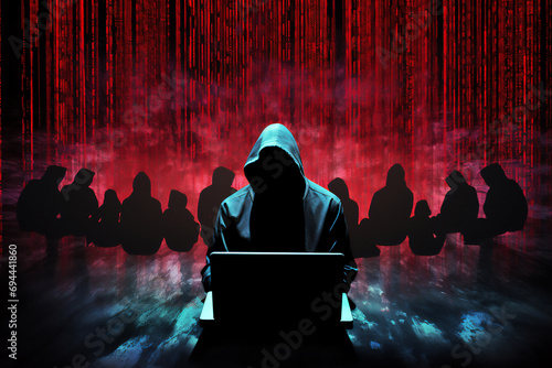 A hooded figure hacking data servers and laptops on the internet while trying to hack vulnerable systems to test cybersecurity and plant a virus or malware, stock illustration image 