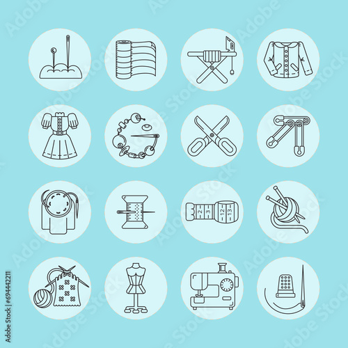 Set of line style logotype templates with sewing accessories. Isolated on background and easy to use