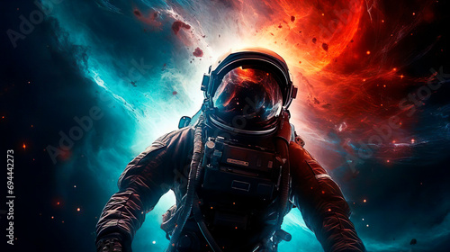 A portrait of a male astronaut explores mysterious outer space. An expedition into deep space in order to search for new planets adapted for human life. Scientific mission flight. Amazing nebula
