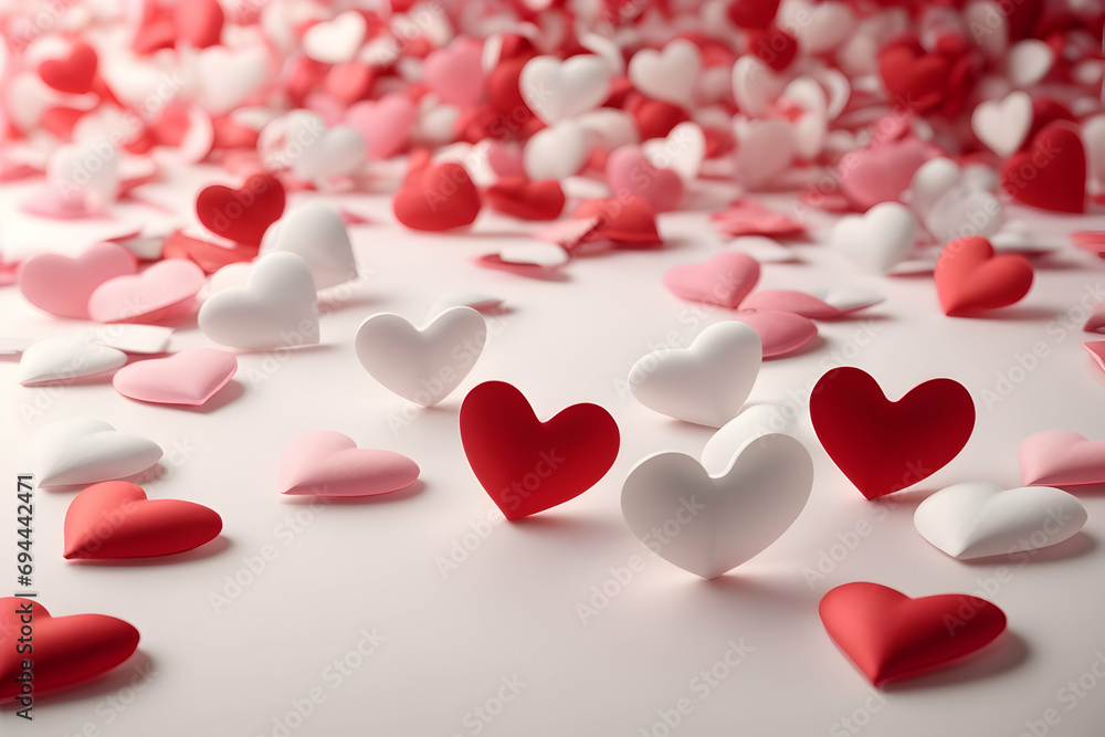 Red, pink and white hearts in paper applique style. Background of many hearts. Beautiful hearts composition for Valentine's Day and more. Generative AI. Red, pink and white hearts in paper applique style. Background of many hearts. Beautiful hearts composition for Valentine's Day and more. Generative AI.