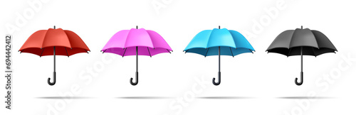 Realistic rain umbrella set of illustrations, 3d render cartoon style volume graphics in different colours