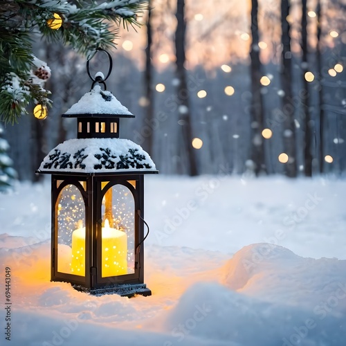Christmas Lantern in snow with winter forest background.