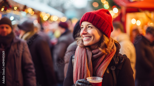 Winter-wrapped figure sipping mulled wine while taking in the sights and sounds of a bustling Christmas market.