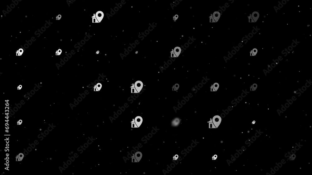 Template animation of evenly spaced real estate location symbols of different sizes and opacity. Animation of transparency and size. Seamless looped 4k animation on black background with stars Template animation of evenly spaced real estate location symbols of different sizes and opacity. Animation of transparency and size. Seamless looped 4k animation on black background with stars