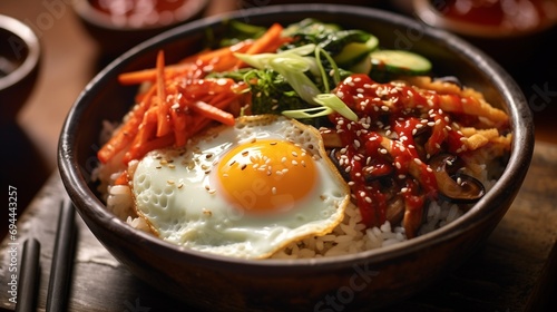 Bibimbap closeup, Asian traditional food, Korean cooking specialty with cucumbers, carrots, mushrooms, meat, sesame seeds and rice, served with hot red pepper sauce, large delicious serving  photo